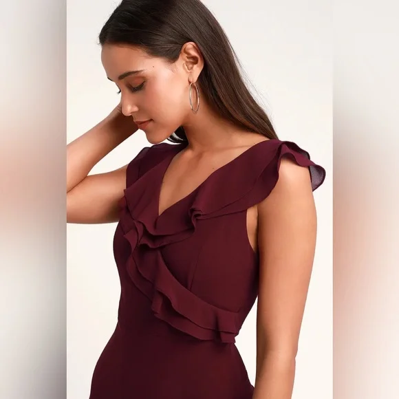 Lulu’s Majesty Burgundy Ruffled Salsa V-Neck Flutter StrapsMaxi Dress Size 1x - Picture 5 of 12